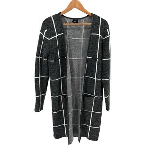 Fate Grey White Windowpane Open Car Coat size Large Faux Leather Fuzzy Pockets